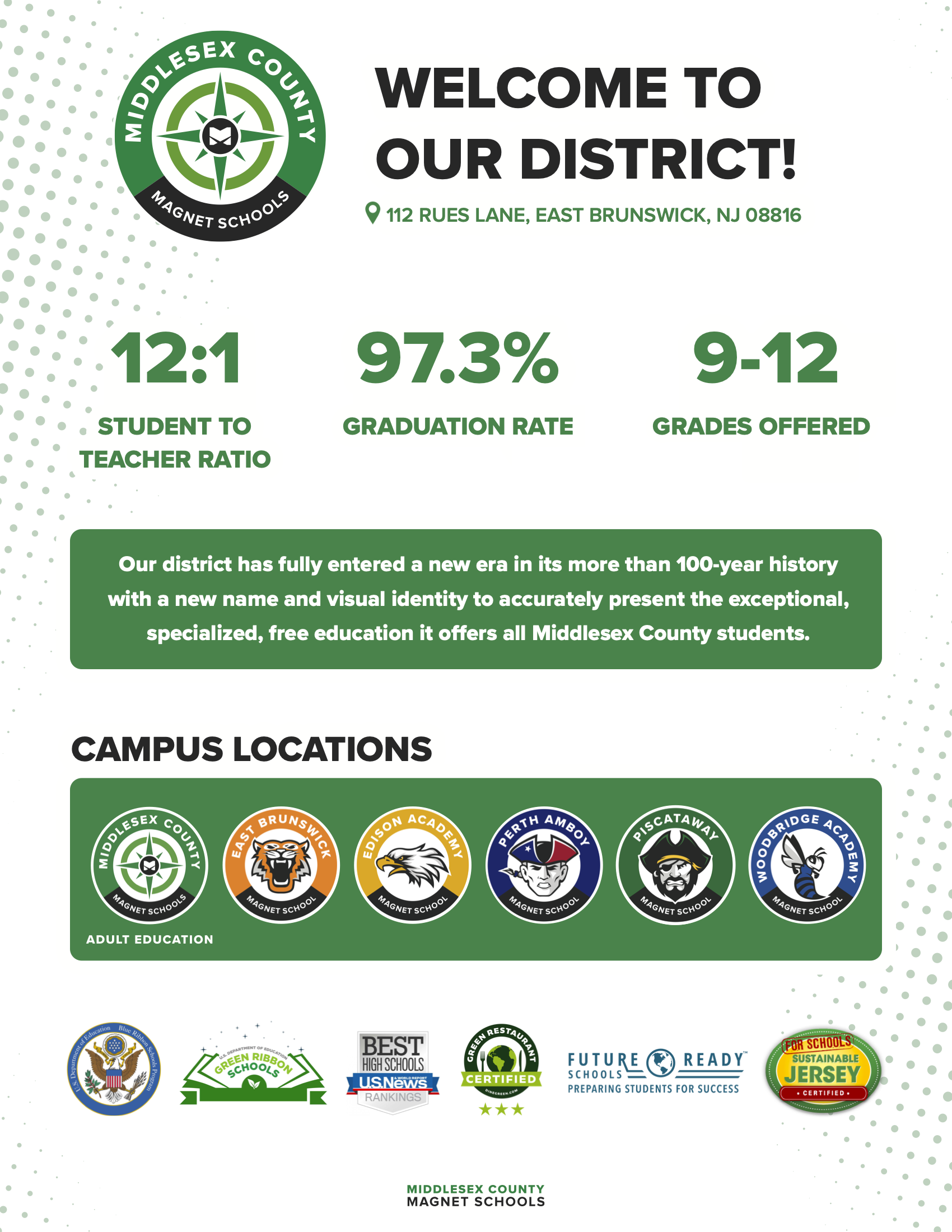 Welcome to our district! We have fully entered a new era in our more than 100-year history with a new name and visual identity to accurately present the exceptional, specialized, free education it offers all Middlesex County students.